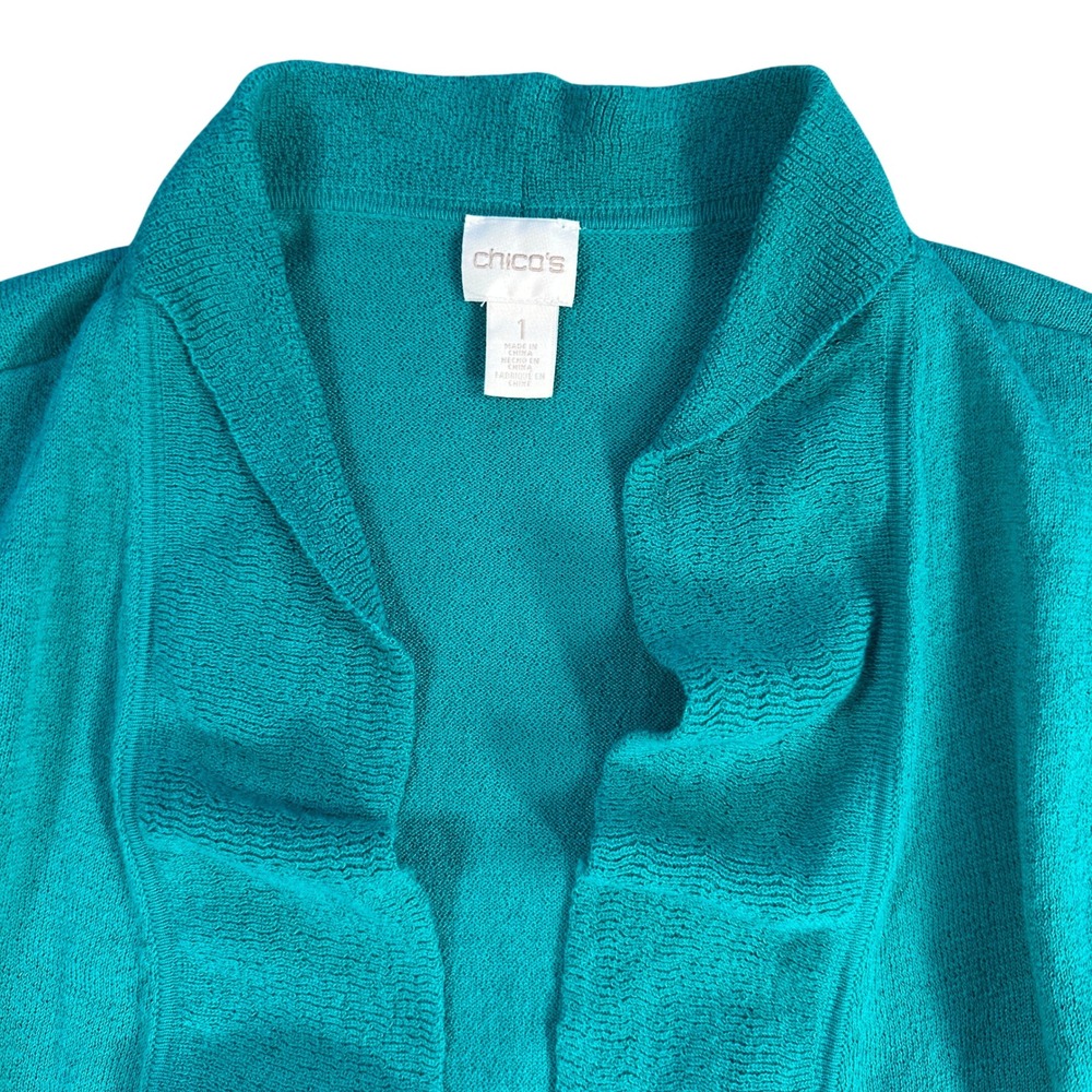 Chicos Teal Blue‎ Open Front Waterfall Cardigan Sweater Size 1
